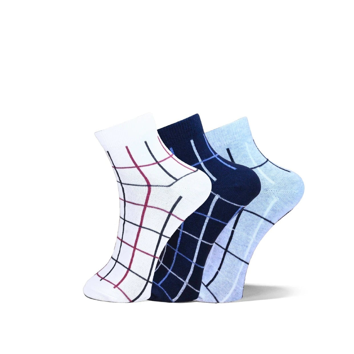 Three pairs of ankle socks with a grid pattern, displayed in a fan arrangement on a white background. The socks are white with red grid lines, navy blue with white grid lines, and light blue with dark blue grid lines.