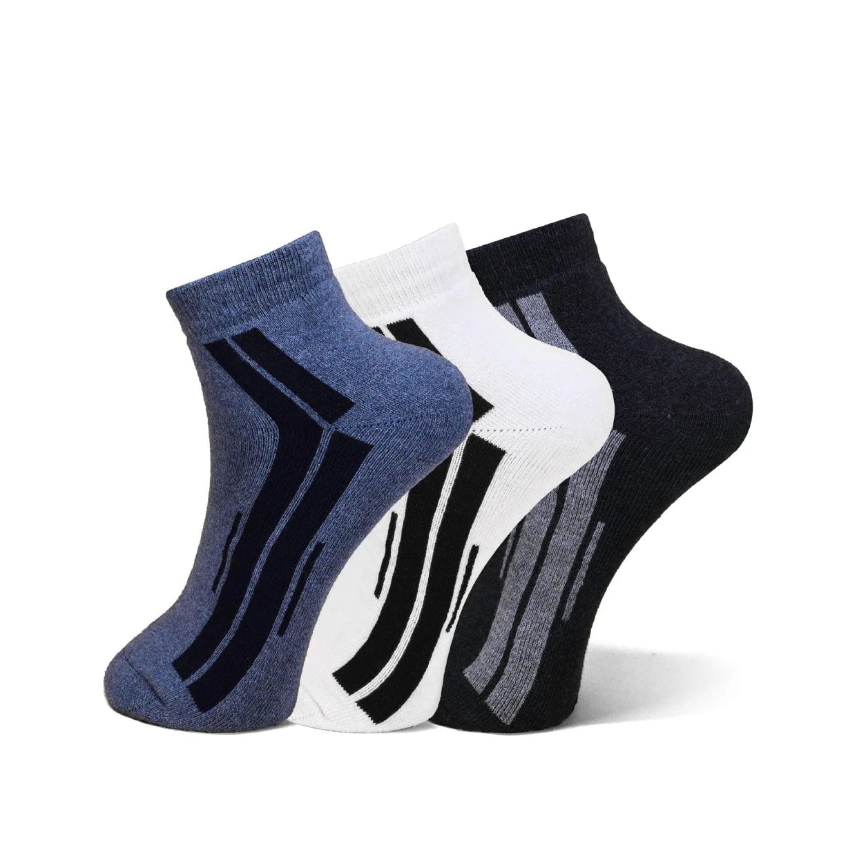 Three pairs of low-cut ankle socks arranged in a fan shape on a white background. The socks are in blue, white, and black, each featuring a bold curved stripe pattern on the side.
