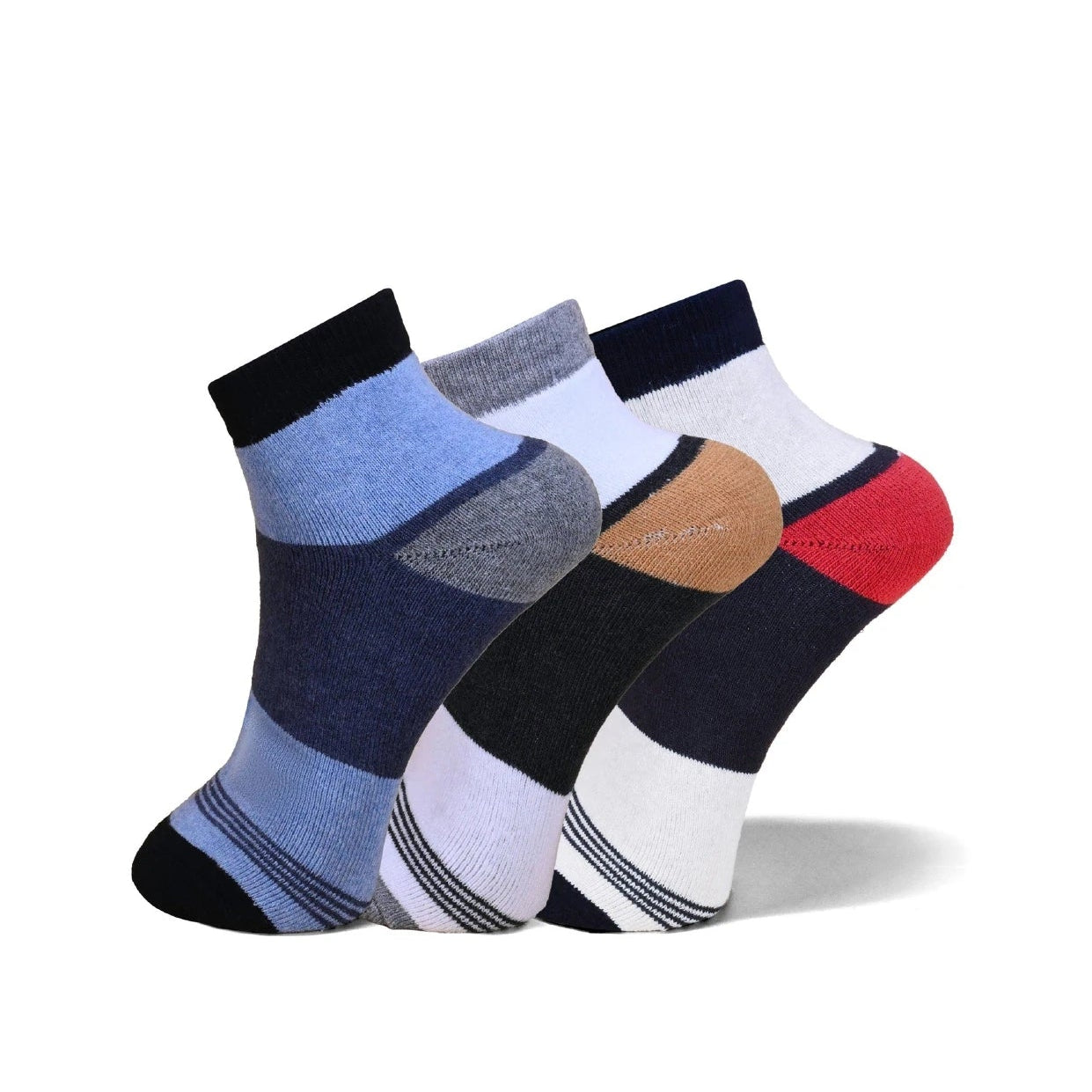 A set of four men's low-cut ankle socks arranged in a fan shape on a white background. The socks feature color-blocked stripes in navy, light blue, gray, black, white, tan, and red.