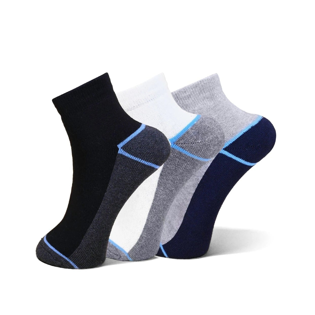 Three pairs of low-cut athletic socks arranged in a fan shape on a white background. The set includes black, white, and heather gray pairs, each with a contrasting light blue toe and cuff stripe.
