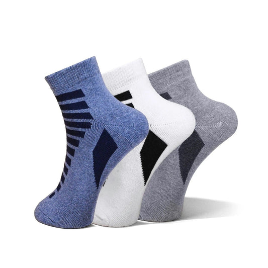 Three pairs of ankle socks in blue, white, and gray, arranged in a fan shape on a white background. Each sock features a dark accent pattern on the side.